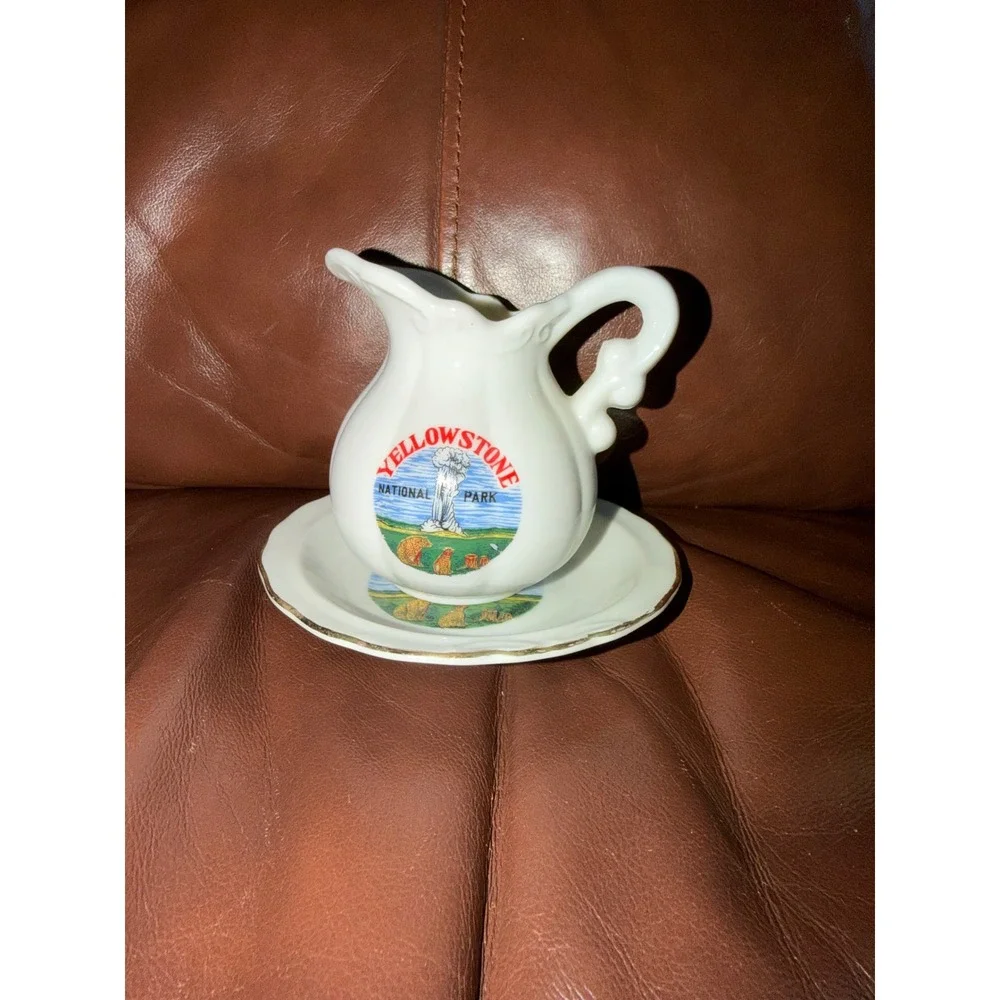 Vintage Yellowstone National Park Miniature Pitcher and Saucer Set Old Faithful - Picture 1 of 5